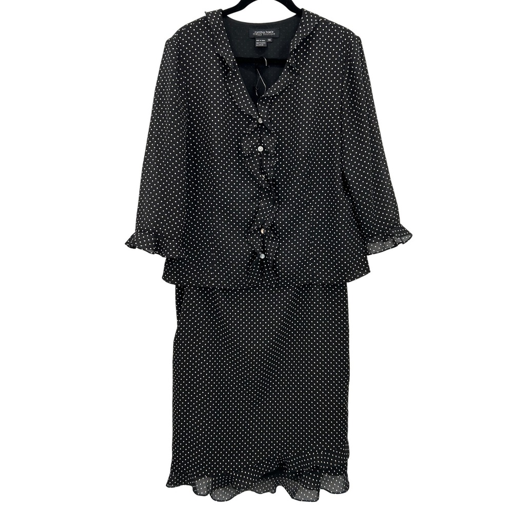 Feminine Rockabilly Sheer Black Polka Dot Ruffle Skirt VTG Suit Set Womens Sz 14